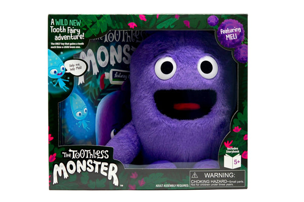 The Toothless Monster boxed set with book and purple Meli doll. A wild tooth fairy tradition.