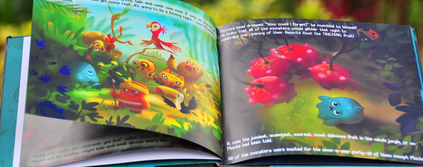 The Toothless Monster hardcover book open to page with friends and fruit. A wild new tooth fairy tradition.