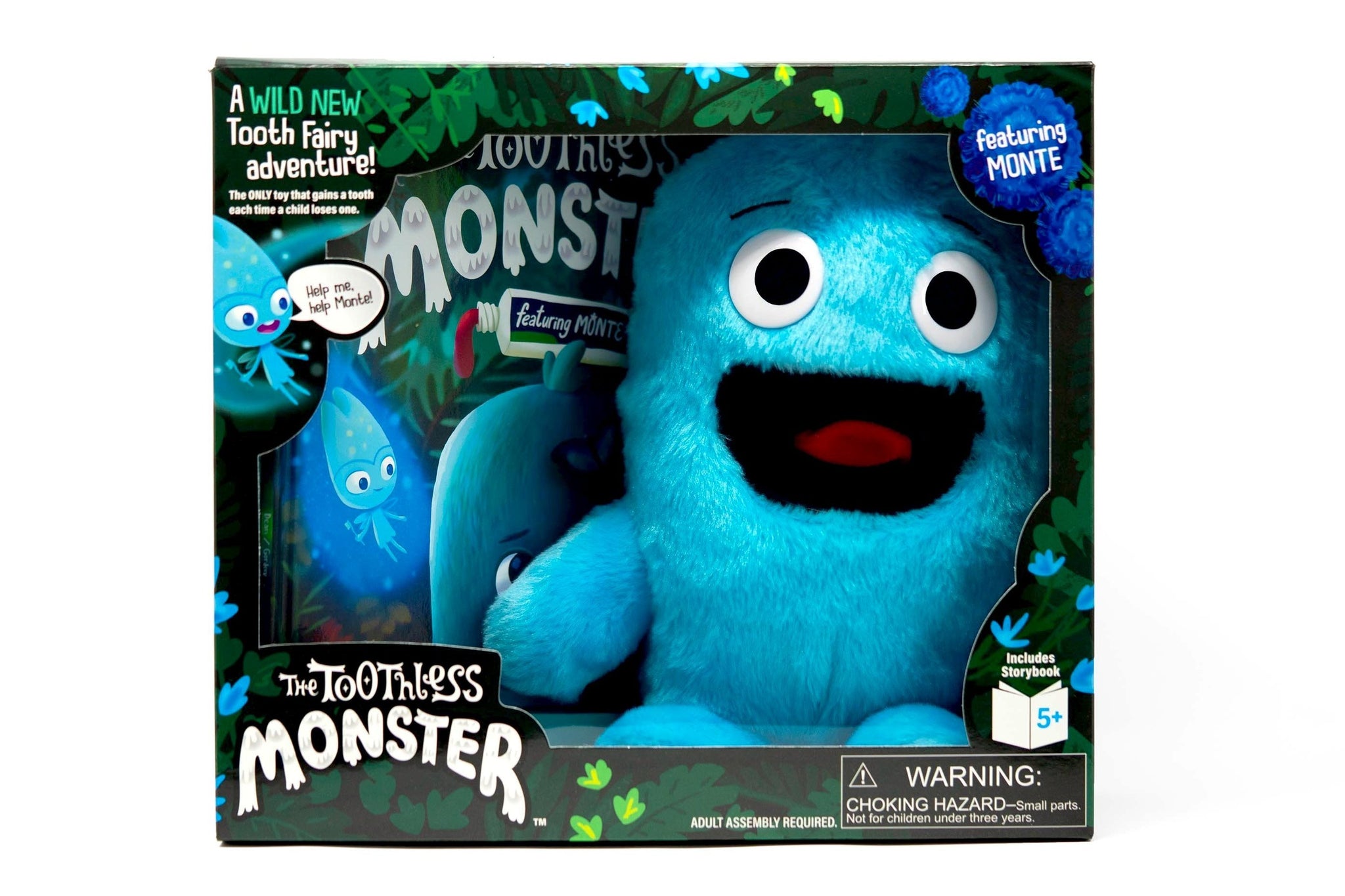 The Toothless Monster boxed set with book and blue Monte doll. A wild tooth fairy tradition.